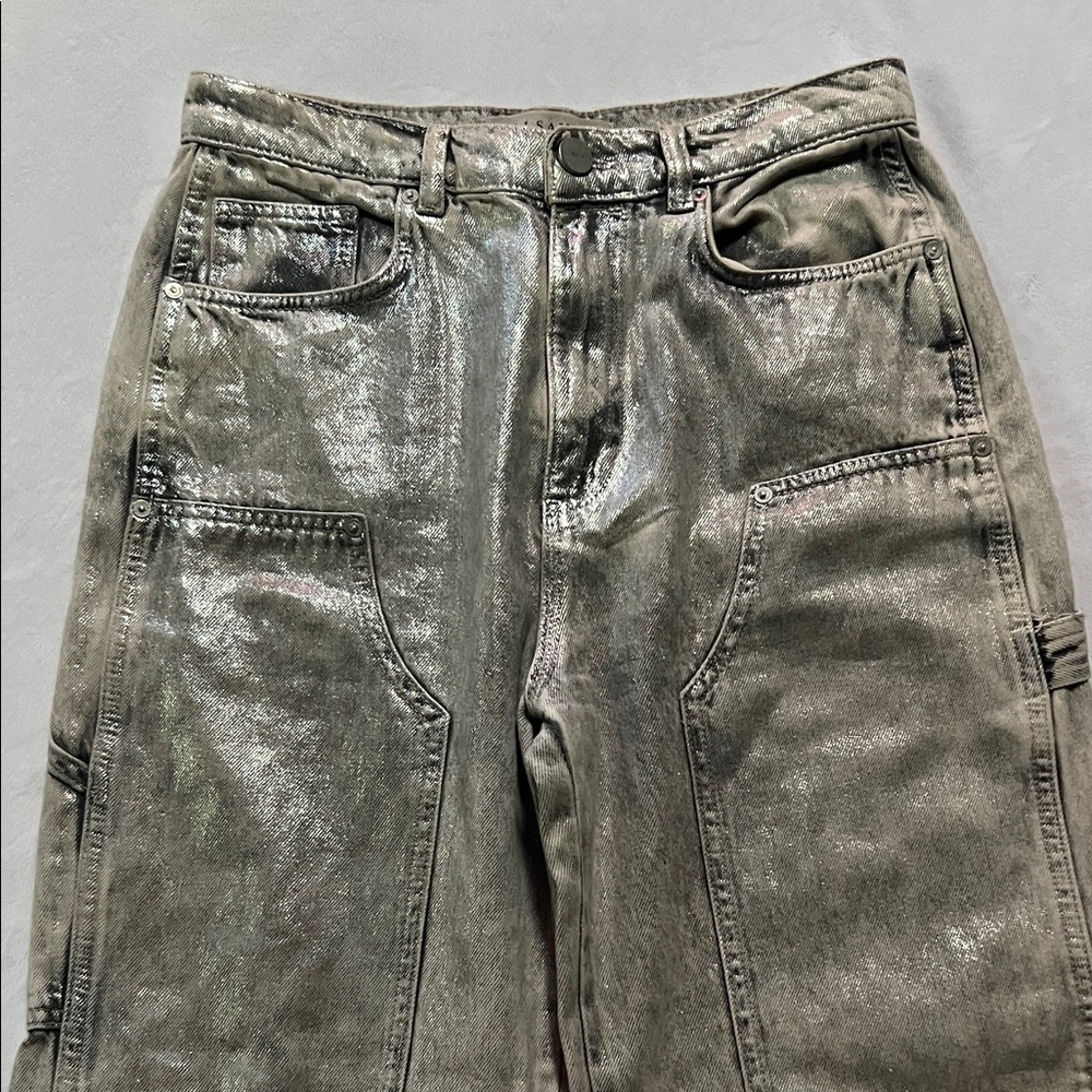 All Saints mia met Talia cargo Jean pants metallic silver cyber chic Coachella - Picture 7 of 13